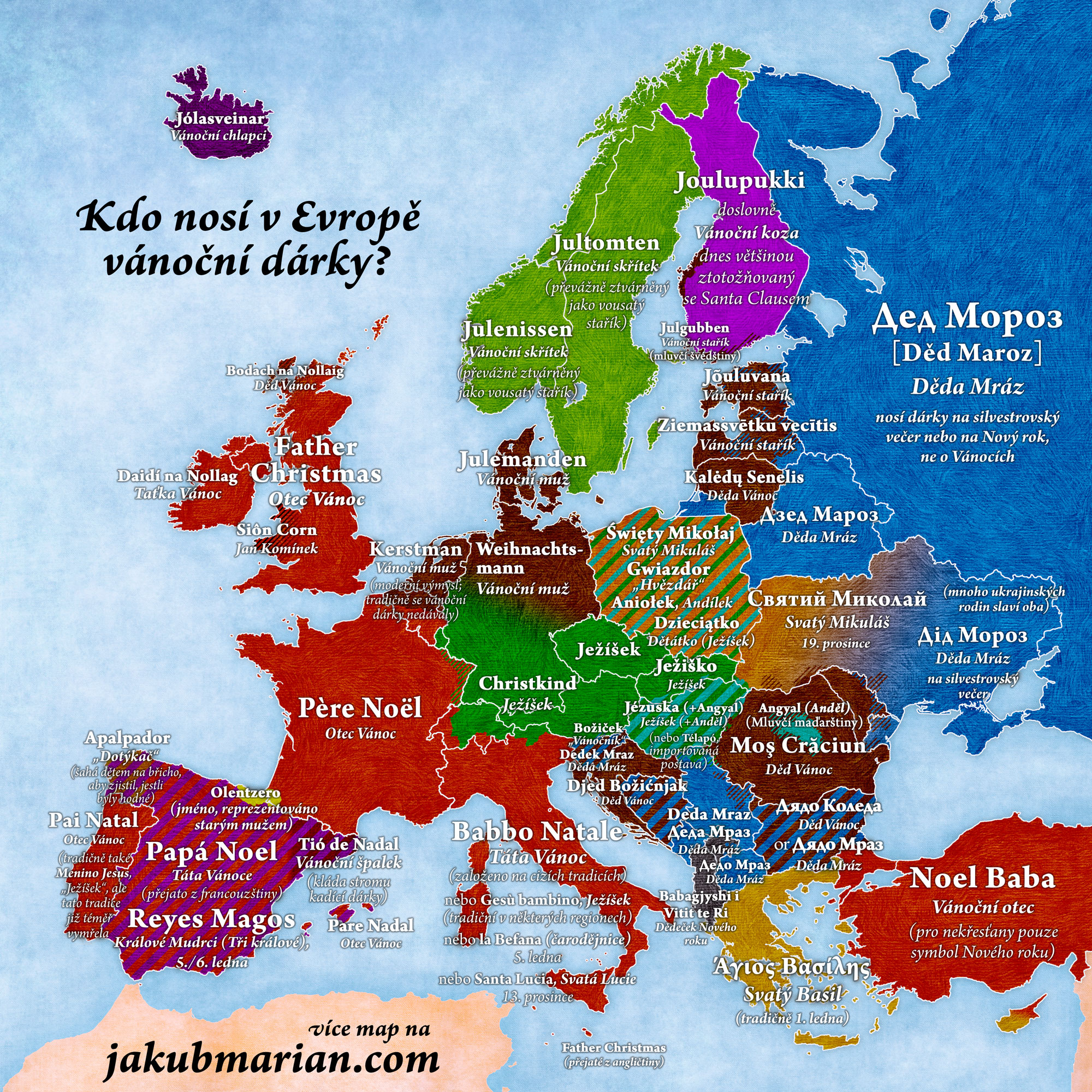 Mapa ukazující, kdo nosí v jiných zemích Vánoční dárky
