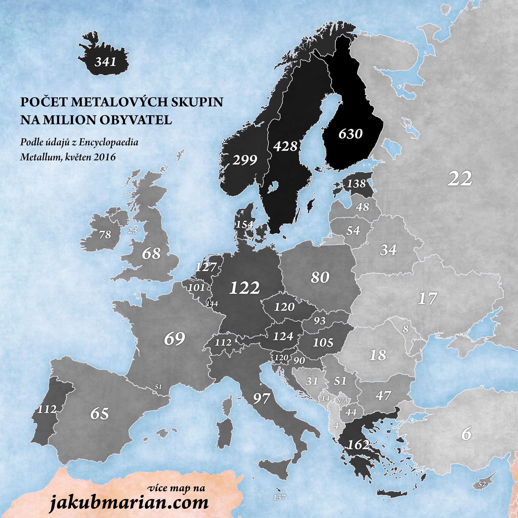 Počet metalových skupin na milion obyvatel v Evropě